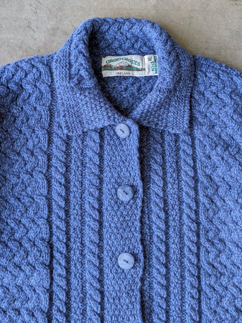 Aran Crafts Irish Cable Knit Fisherman Blue Merino Wool Cardigan Sweater size XL - Picture 2 of 6